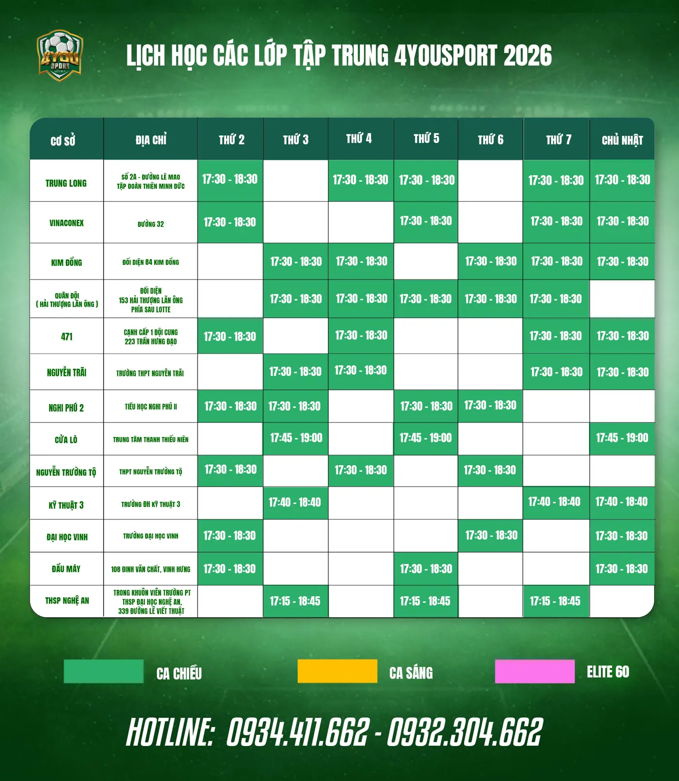 Lịch học các lớp tập trung 4YOUSPORT 2026